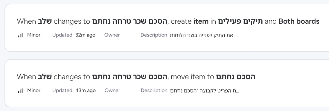 מסך ניהול האוטומציות של לוח הפניות ב-monday: חמש אוטומציות פעילות, הראשונה יוצרת פריט בלוח "תיקים פעילים" כשהשלב משתנה ל"הסכם שכר טרחה נחתם".